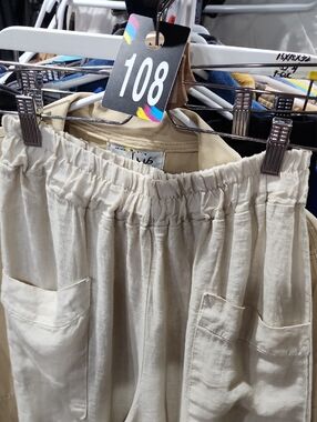 Beige Elastic-Waist Linen Pants with Front Pockets